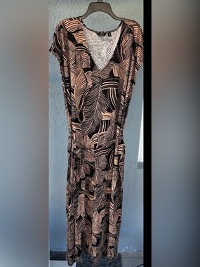 G By Giuliana Black And Tan Tropical Print Pockets Belted Maxi Dress Size 3XT
